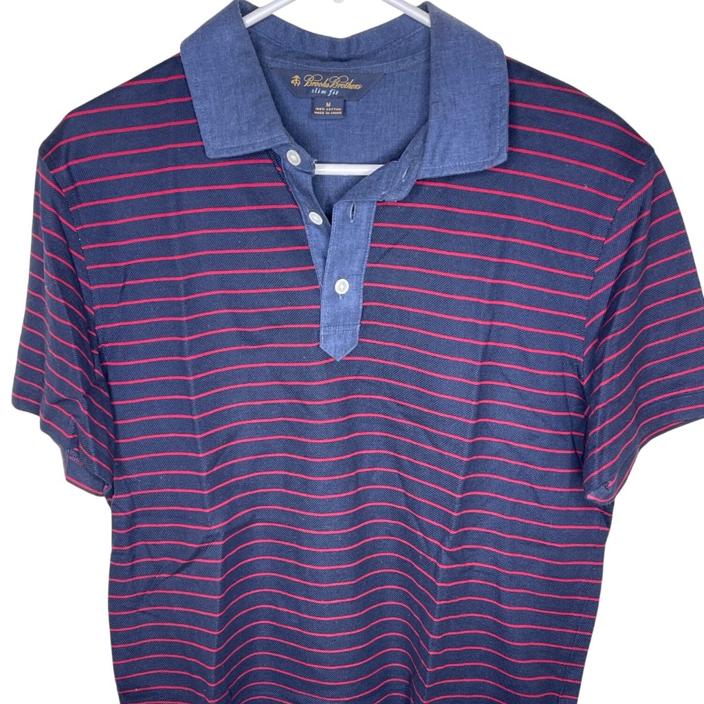 Brooks Brothers Mens Slim Fit Polo Shirt Navy Blue Red Striped Cotton Size M